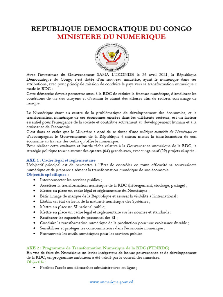 Stratégie de Transformation Numérique RDC | PDF | République ...