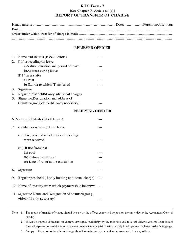 KFC Form 7: Transfer of Charge Report | PDF