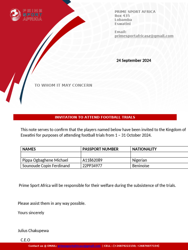 Invitation to Football Trials in Eswatini | PDF