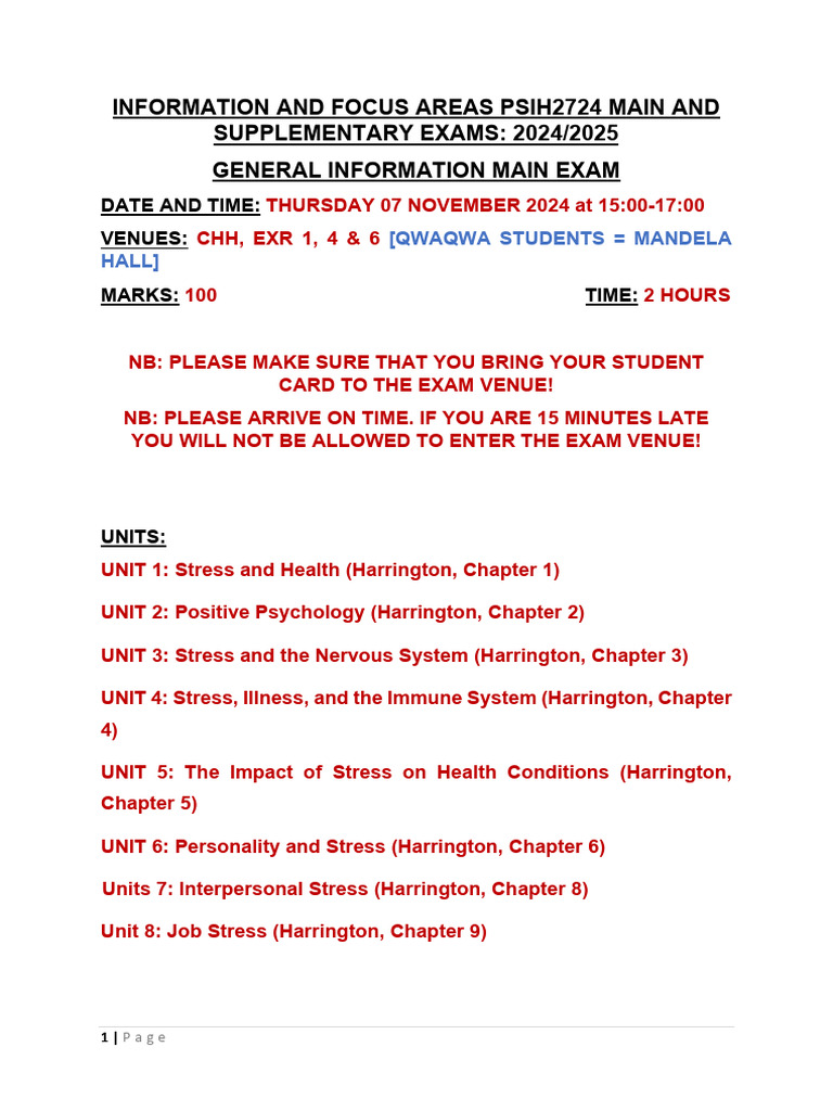 Information and Focus Areas PSIH2724 Main & Supplementary Exams 2024 ...