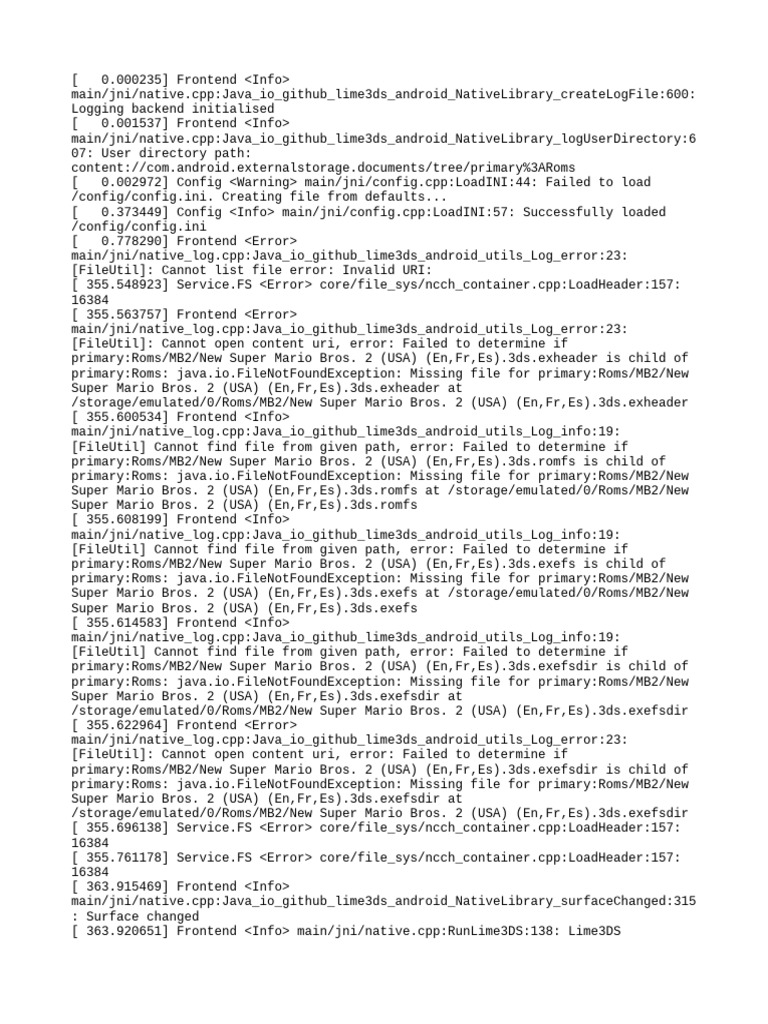 Lime3DS Android Log Errors & Config | PDF | Computing | System Software
