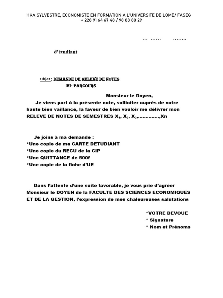 Demande de Relevé de Notes Universitaire | PDF