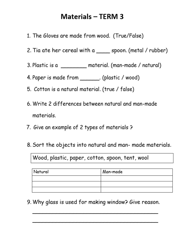 Natural vs Man-Made Materials Worksheet | PDF | Home & Garden
