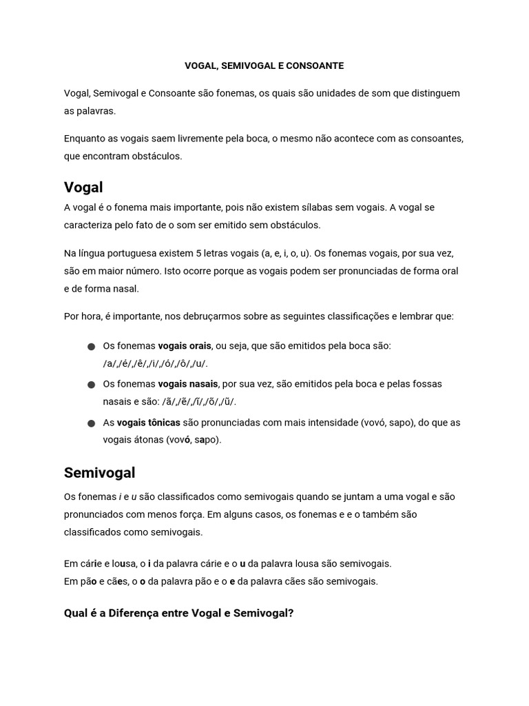 Aula - Vogal, Semivogal e Consoante Separação Silábica e Acentuação ...