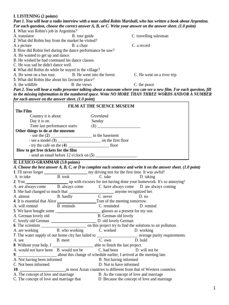 Listening and Grammar Practice Test | PDF | Extinction | Diet (Nutrition)