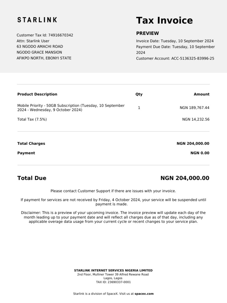 Starlink Invoice Preview for 50GB Plan | PDF | Service Industries ...