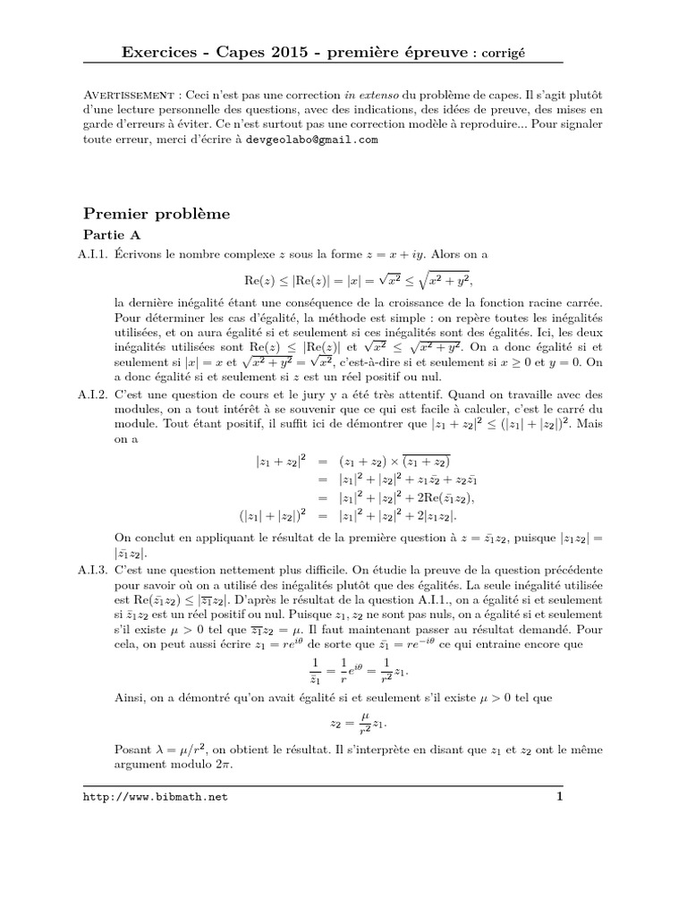 Corrigé des exercices Capes 2015 | PDF | Fonction monotone | Inégalité ...