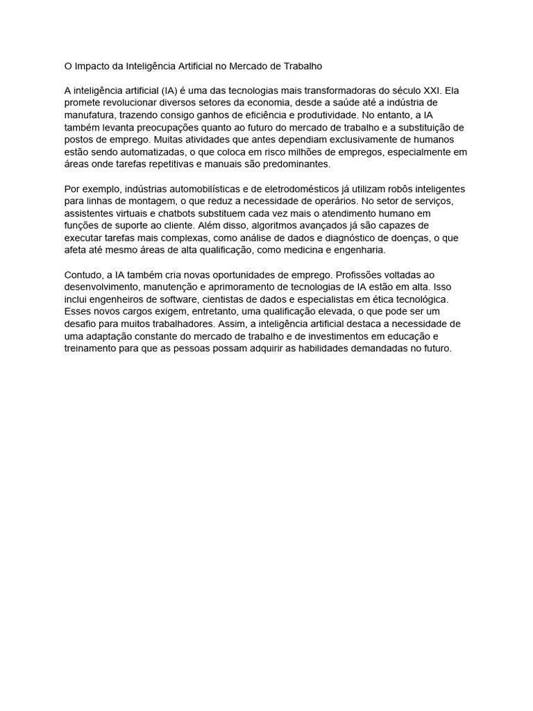 O Impacto Da Inteligência Artificial No Mercado de Trabalho | PDF ...