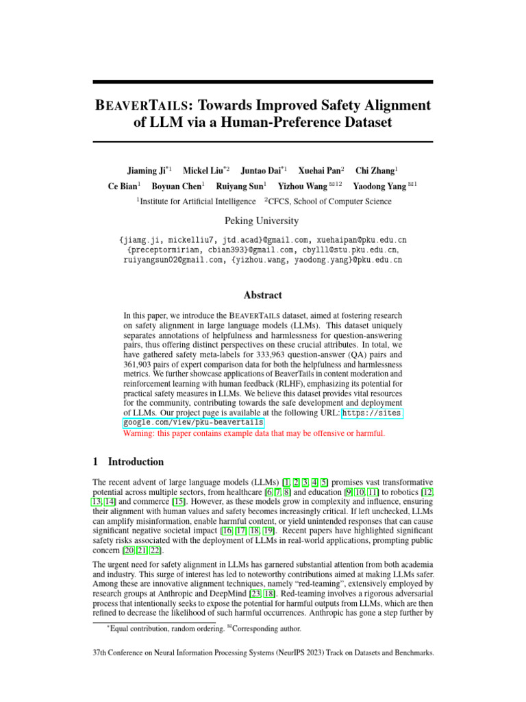 BEAVERTAILS: Human-Preference Dataset for LLM Safety | PDF