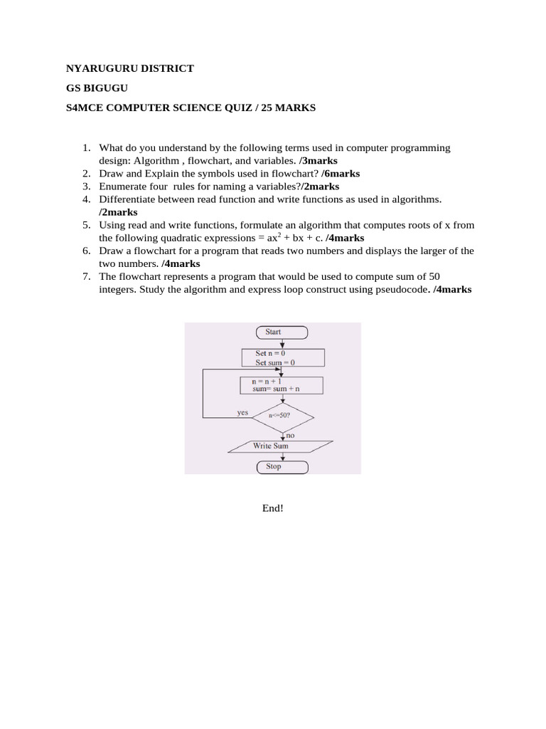 Computer Science Quiz: Algorithms & Flowcharts | PDF