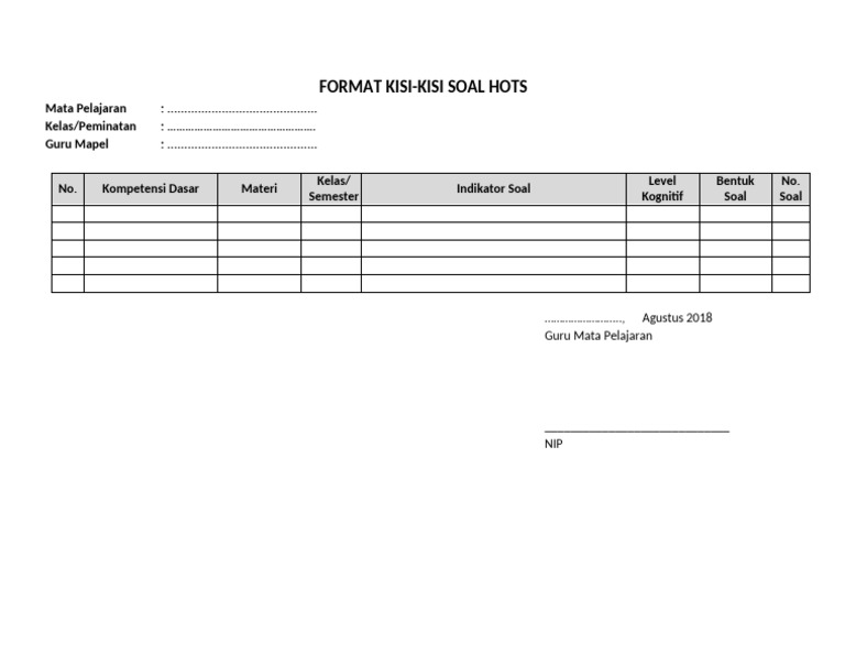 Format Kisi-Kisi Soal HOTS | PDF