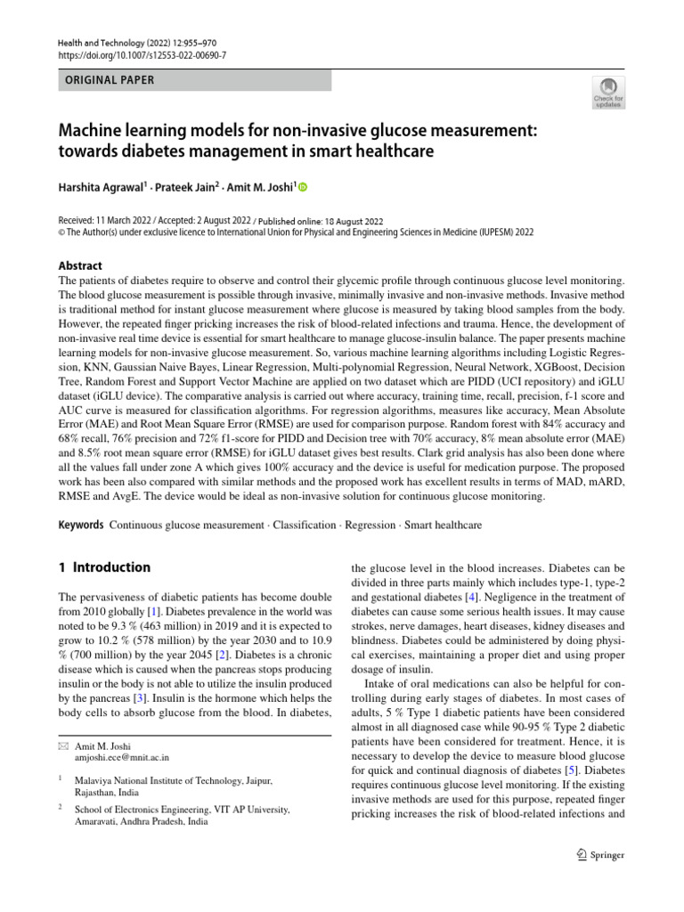 Machine Learning Models For Non Invasive Glucose Measurement | PDF ...