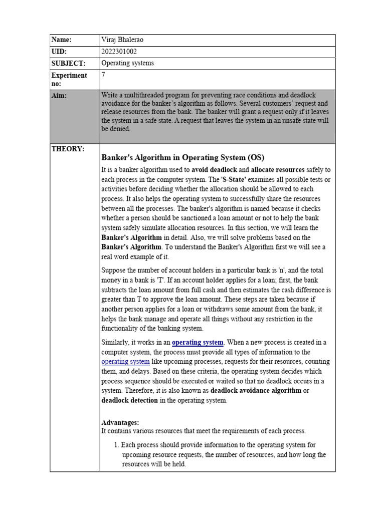 Banker's Algorithm for Deadlock Avoidance | PDF | Algorithms ...