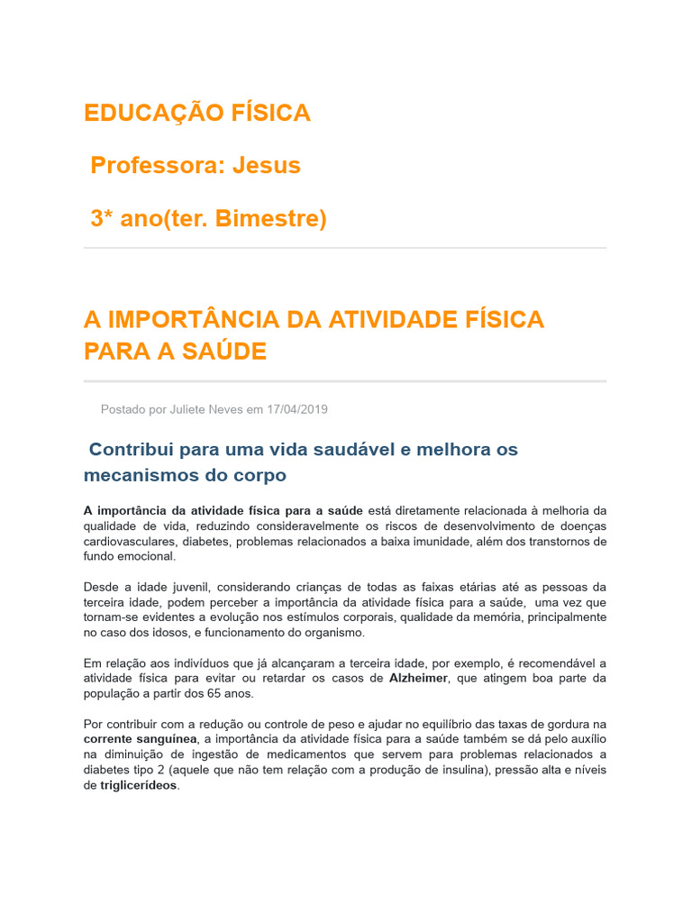 Importância da Atividade Física para Saúde | PDF | Diabetes | Hipertensão