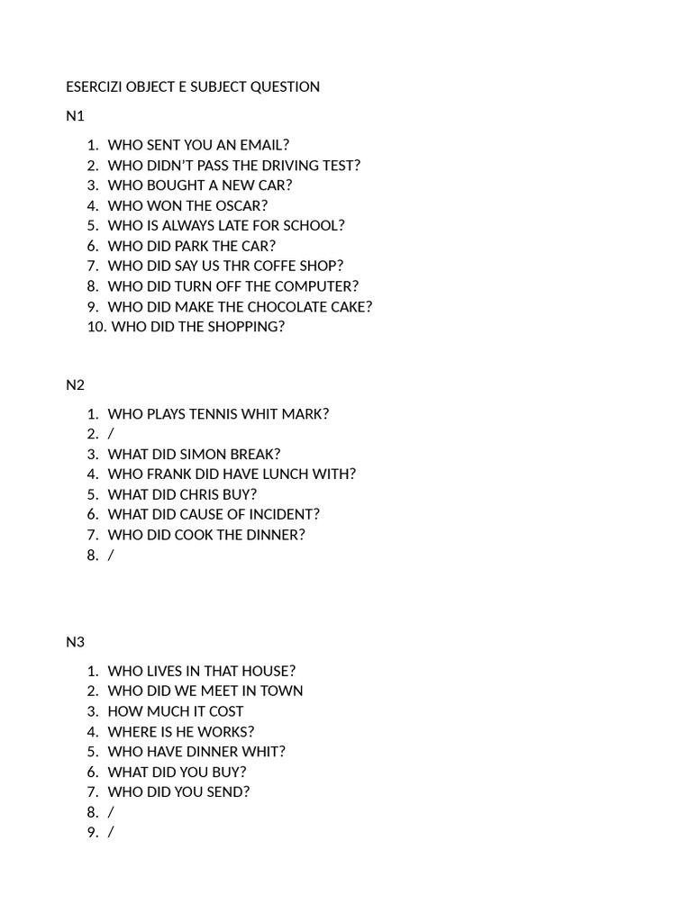 Object and Subject Question Exercises | PDF