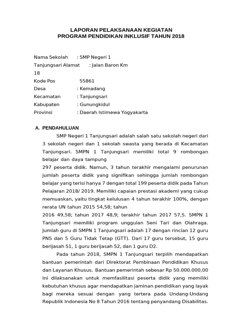 Laporan Program Pendidikan Inklusif 2018 | PDF