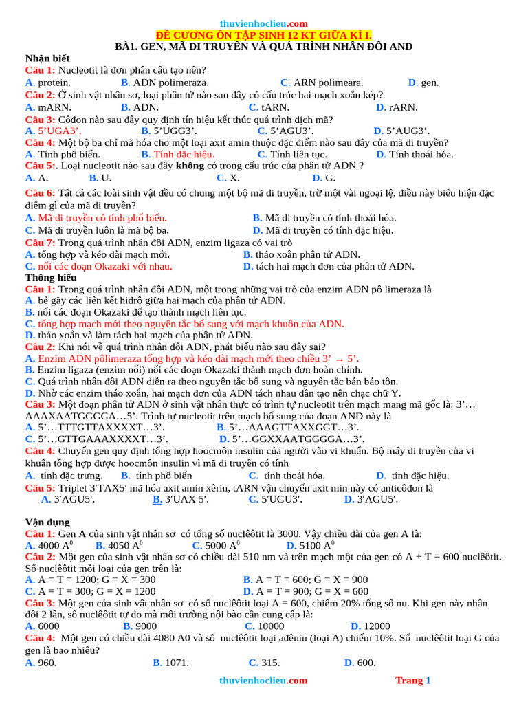 De Cuong On Tap Sinh 12 Giua HK1 | PDF