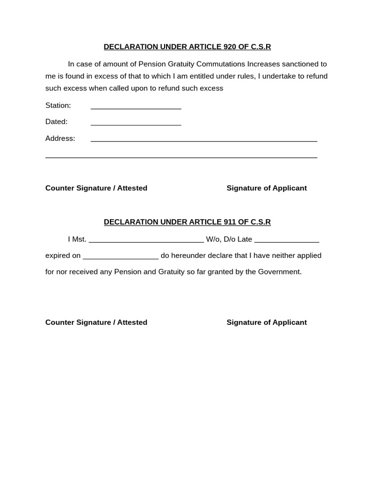 CSR Declaration Form 920 and 911 | PDF | Law