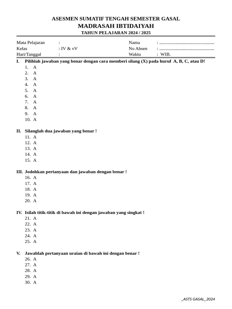 Kelas 4-5 Format Soal Asts Gasal - 2024 | PDF
