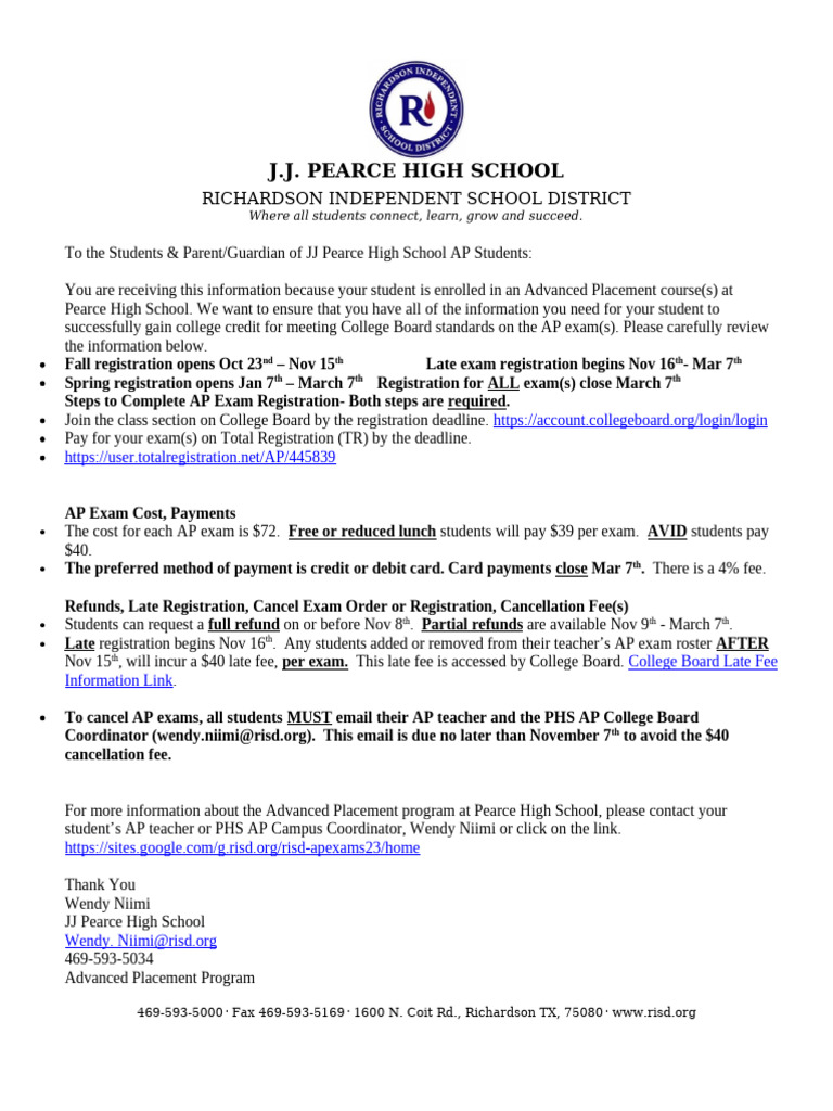 JJ Pearce AP Exam Registration Guide | PDF | Advanced Placement