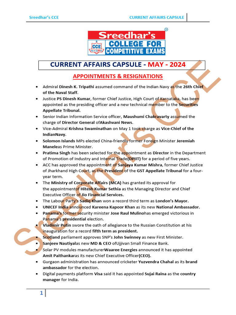Current Affairs Capsule - May 2024 | PDF | Reserve Bank Of India | Banks