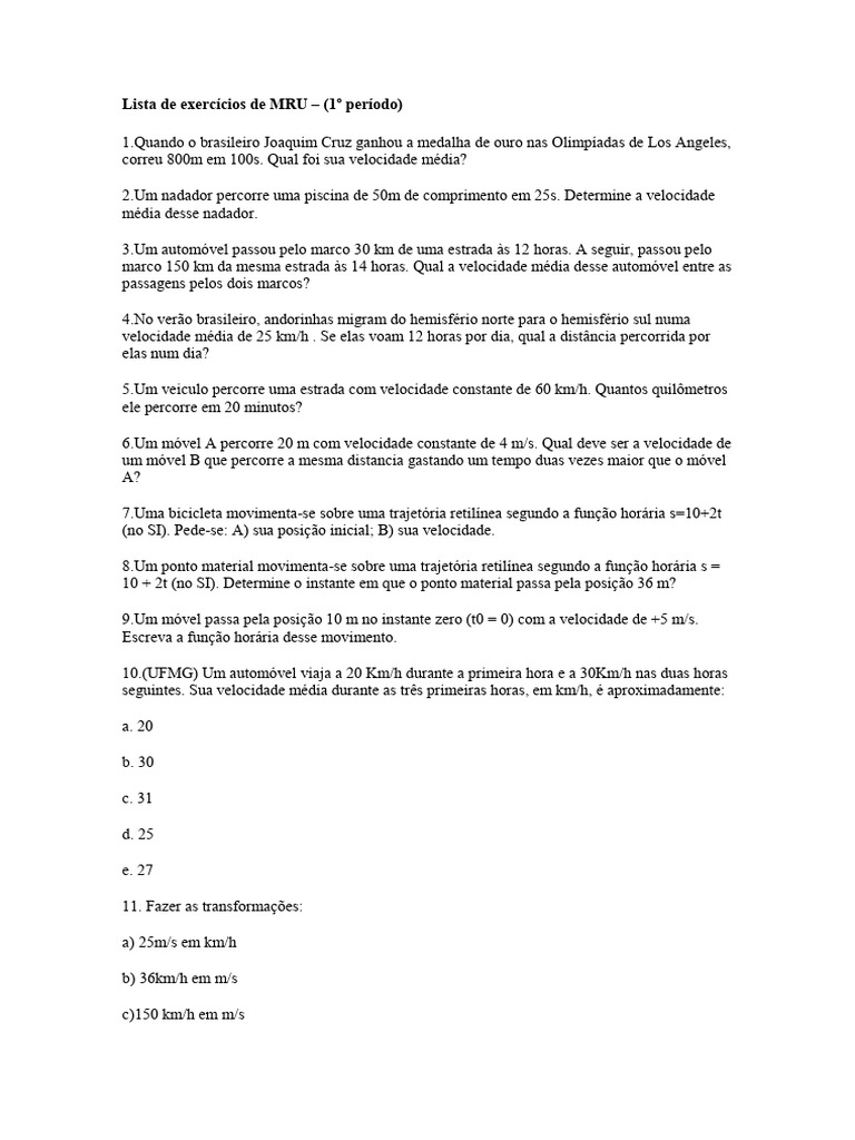 Exercícios de MRU e MRUV para Estudantes | PDF | Velocidade | Velocidade