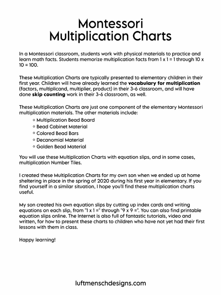MontessoriMultiplicationCharts1through5LowerElementaryMaterials 1 | PDF