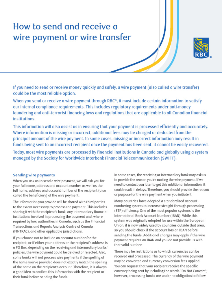 RBC Wire Transfer Instructions Guide | PDF | Wire Transfer | Banking
