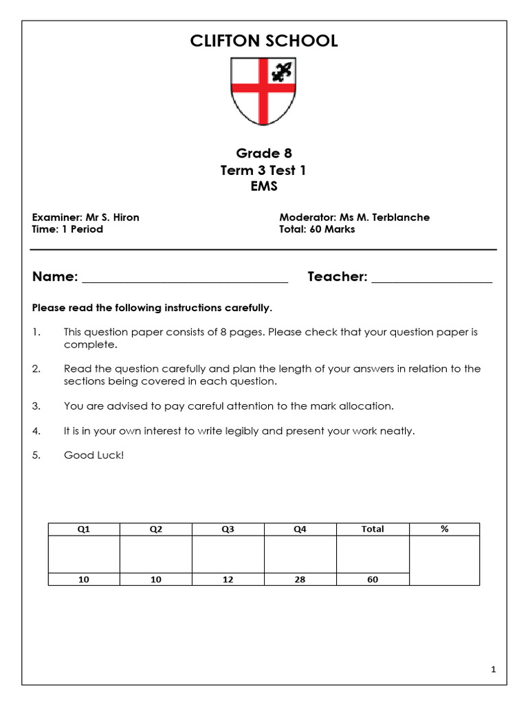 Grade 8 EMS Term 3 Test Paper | PDF | Macroeconomics | Business Economics