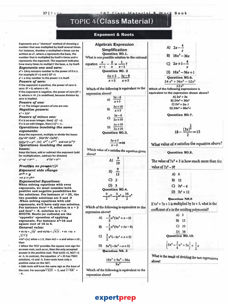 SAT Exponents and Radicals Practice | PDF | Exponentiation | Multiplication