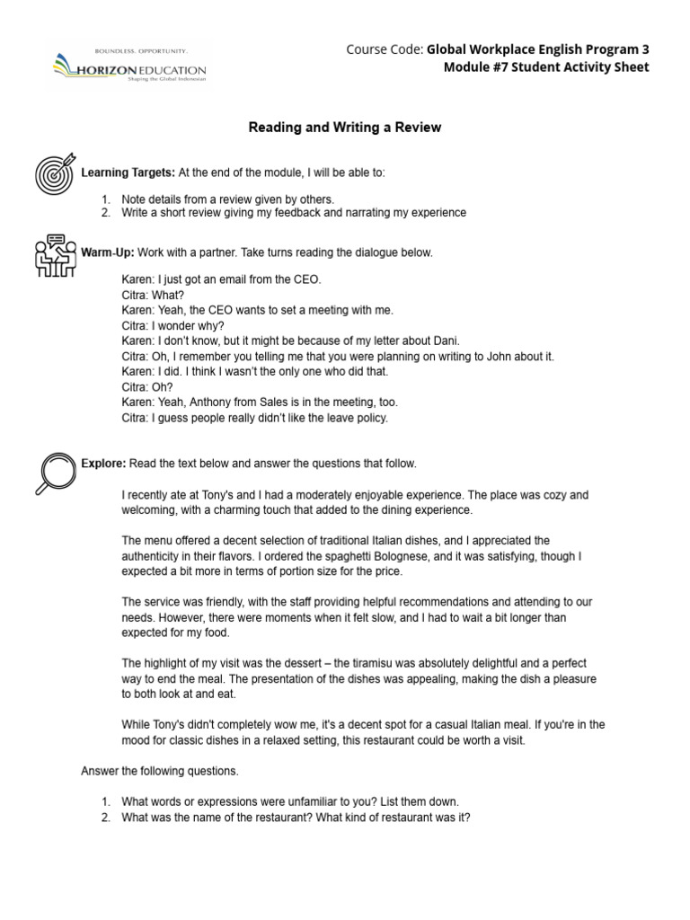 Writing Effective Reviews in English | PDF | Restaurants