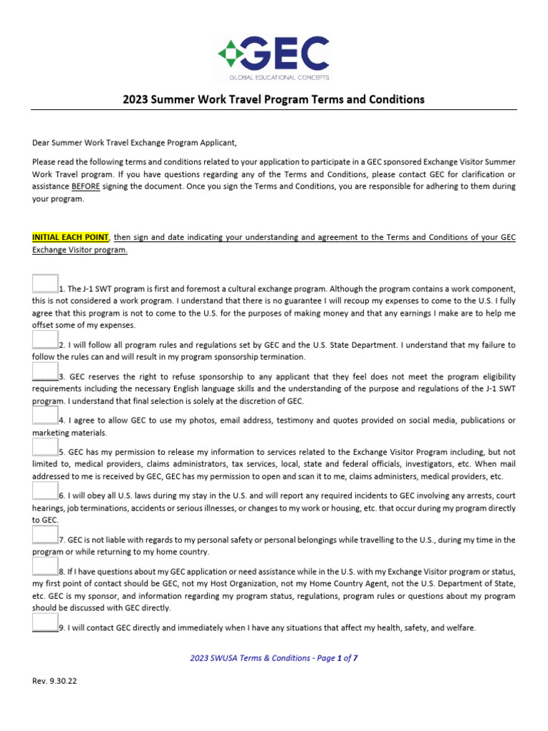 GEC Summer Work Travel Terms 2023 | PDF | Travel Visa | Insurance