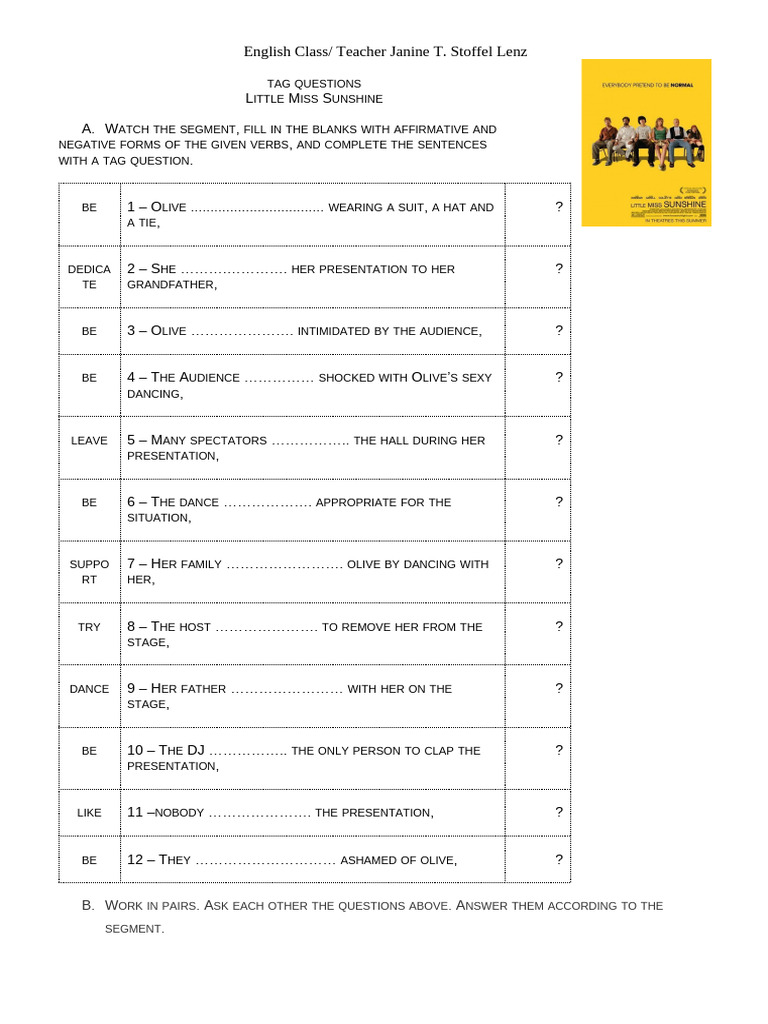 Tag Questions Exercise for Little Miss Sunshine | PDF