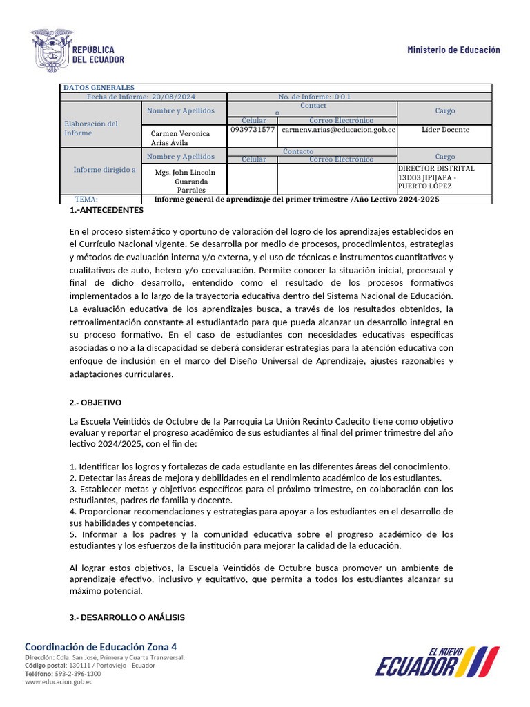 Informe Técnico de Aprendizaje Del Primer Trimestre | PDF | Evaluación ...