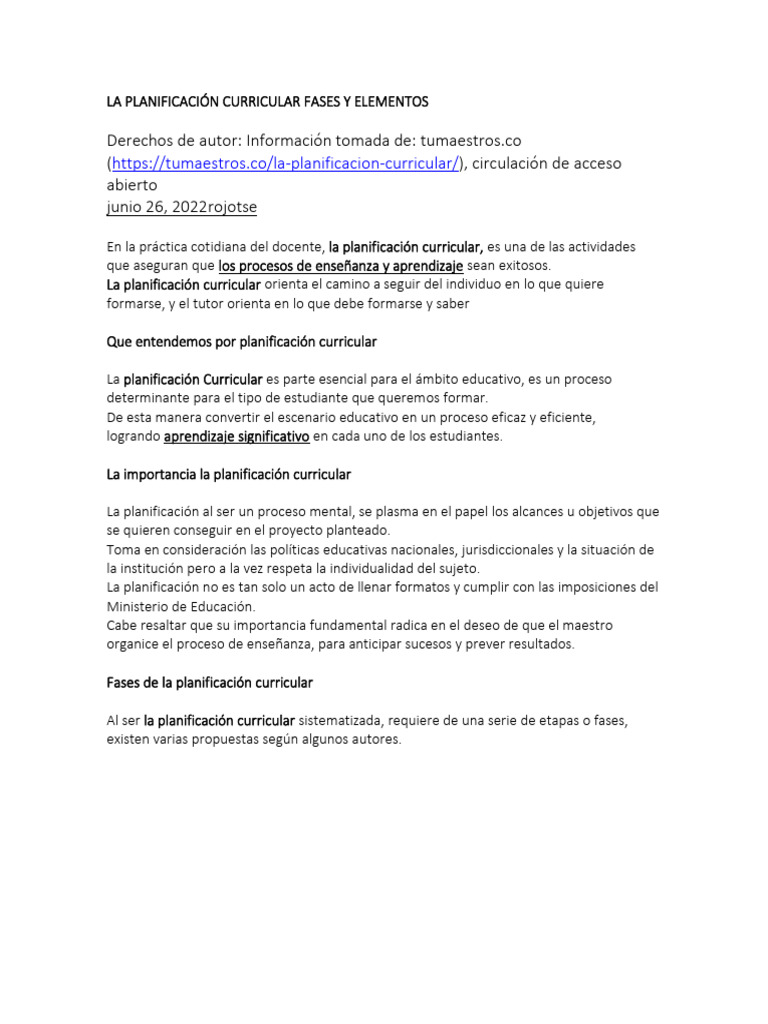 Fases y Elementos de la Planificación Curricular | PDF | Plan de ...