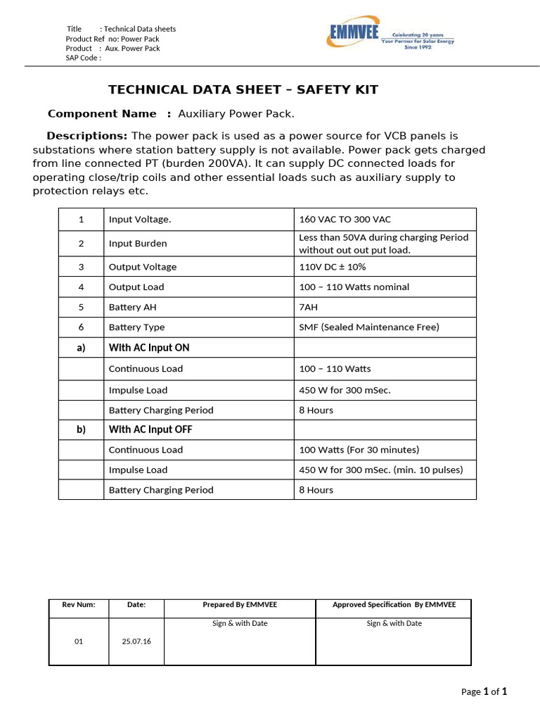 Auxiliary Power Pack Technical Data Sheet | PDF