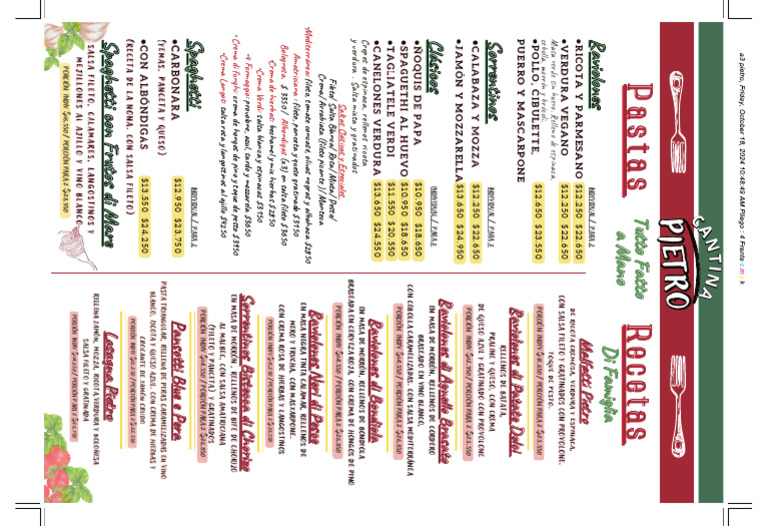 Menú de Pastas Gourmet en Cantina Pietro | PDF | pesto | Alimentos