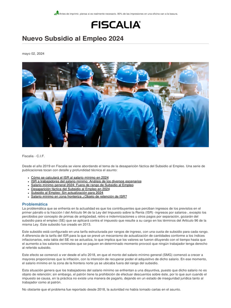 Nuevo Subsidio Al Empleo 2024 | PDF | Impuesto sobre la renta | Salario ...
