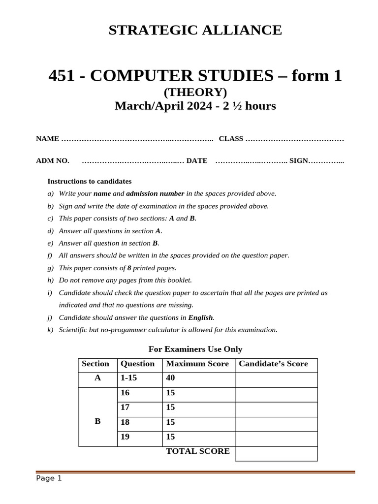 Form 1 Computer Studies PP1 Qns | PDF | Computer Engineering | Office ...