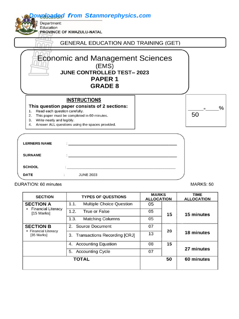 KZN EMS Grade 8 June 2023 P1 and Memo | PDF
