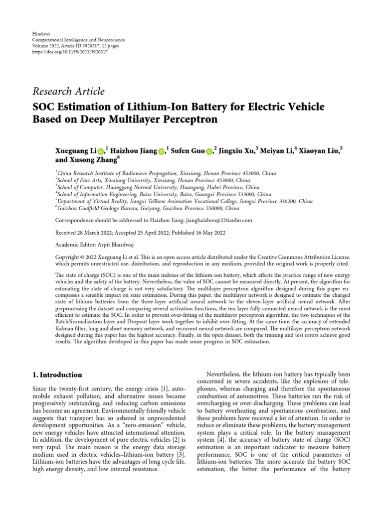 SOC Estimation of Lithium-Ion Battery For Electric | PDF | Artificial ...