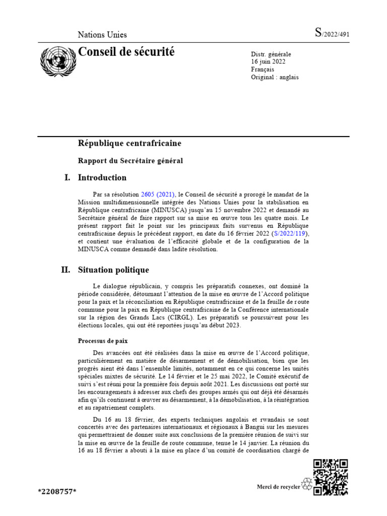 Rapport sur la situation en RCA 2022 | PDF | République centrafricaine