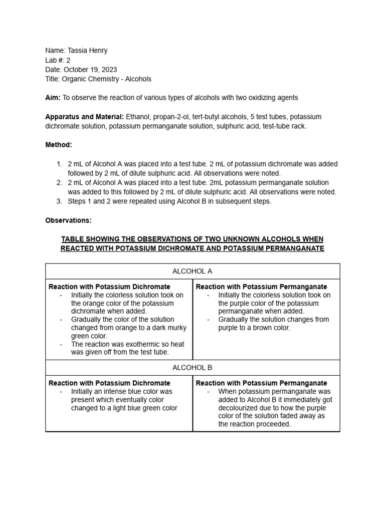 Lab 2 Alcohols Pdf Ethanol Chemical Compounds