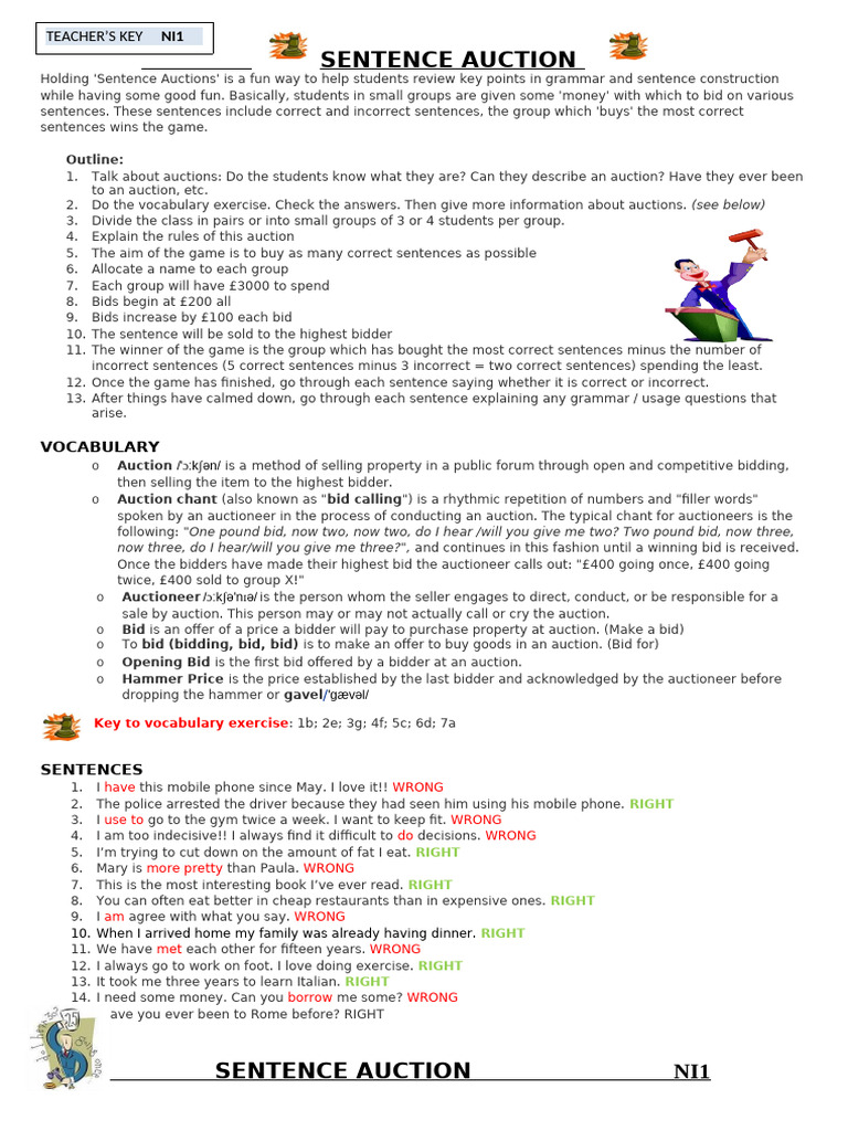 Sentence Auction Activity Guide | PDF | Auction