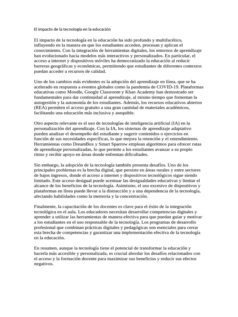 Impacto de la Tecnología en Educación | PDF | Aprendizaje ...