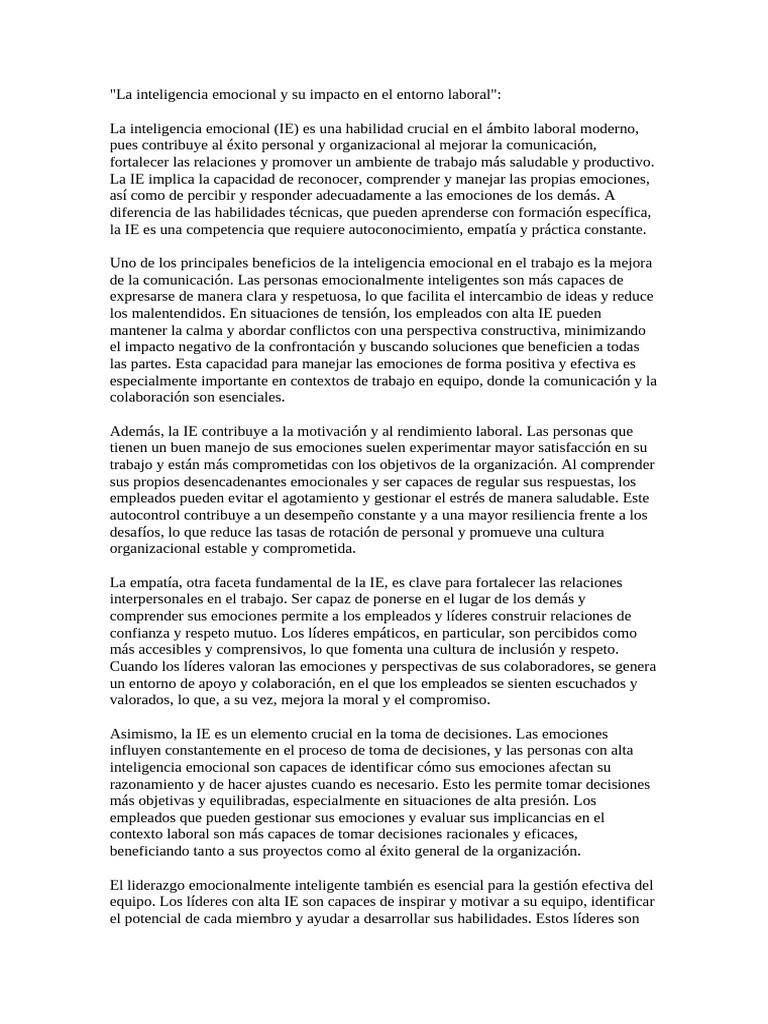 La Inteligencia Emocional y Su Impacto en El Entorno Laboral | PDF ...