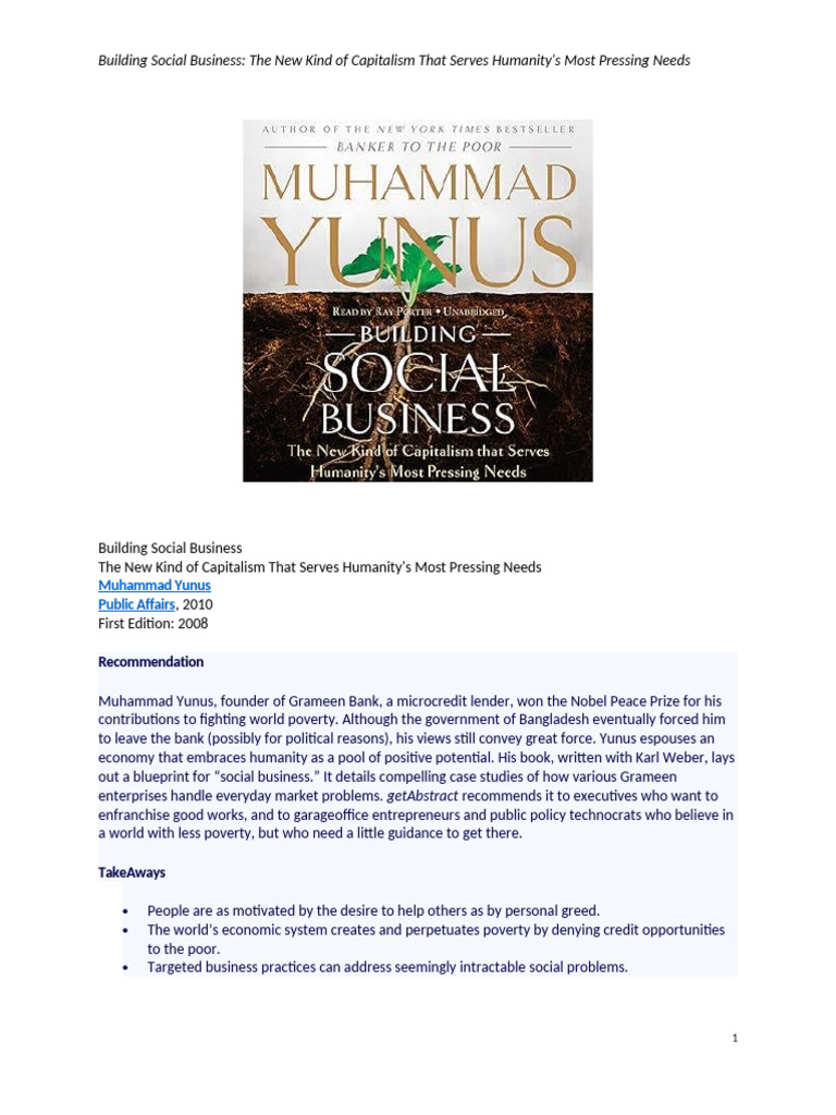 Summary Building Social Business | PDF | Grameen Bank | Social ...