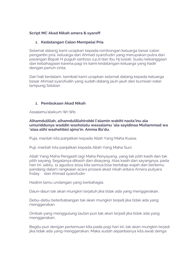 Script MC Akad Nikah Amera & Ahmad | PDF