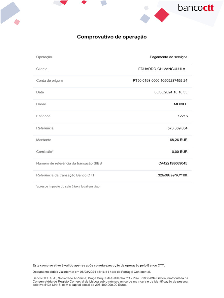 Banco CTT - Comprovativo Pag. Serviços - Ent.12216 Ref.573 359 064 ...