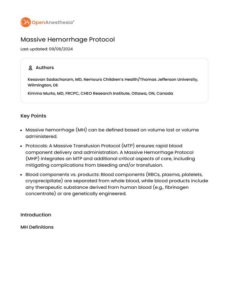 Comprehensive Massive Hemorrhage Protocol | PDF | Medical Specialties ...